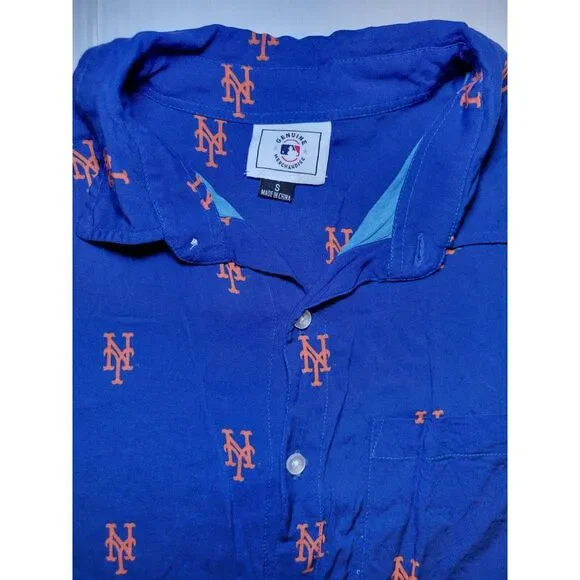 New York Mets Royal Mini Print Logo Button-Up Shirt Mens Size Small AOP MLB Blue - Picture 2 of 5